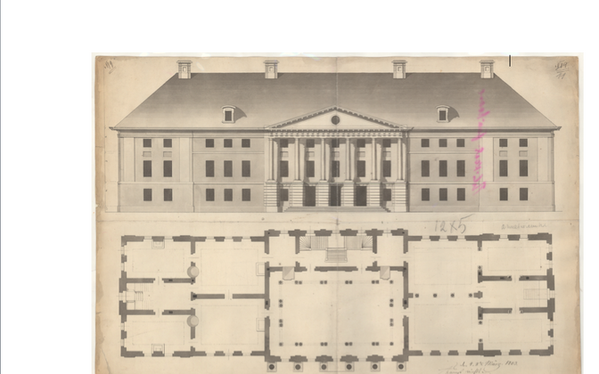 Üks varasemaid peahoone jooniseid, mis valmis pärast Krause tagasipöördumist Tartust oma kodumõisasse Kizbelesse. (4.-8. märts 1803).