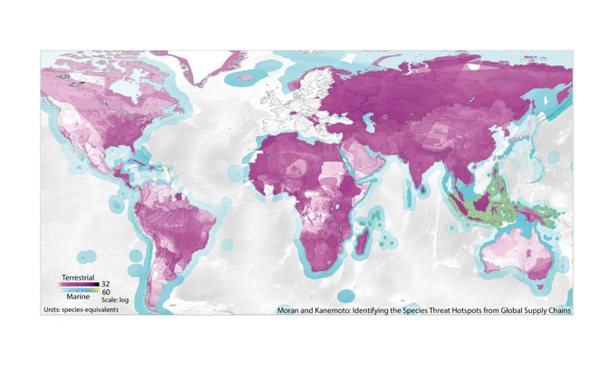 Euroopa Liidu tarbimise poolt ohtu seatavate liikide arv piirkonniti.