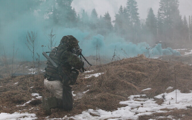 US troops, Estonian conscripts and the Scouts Battalion participating in a battle at Winter Camp. March 1, 2017.