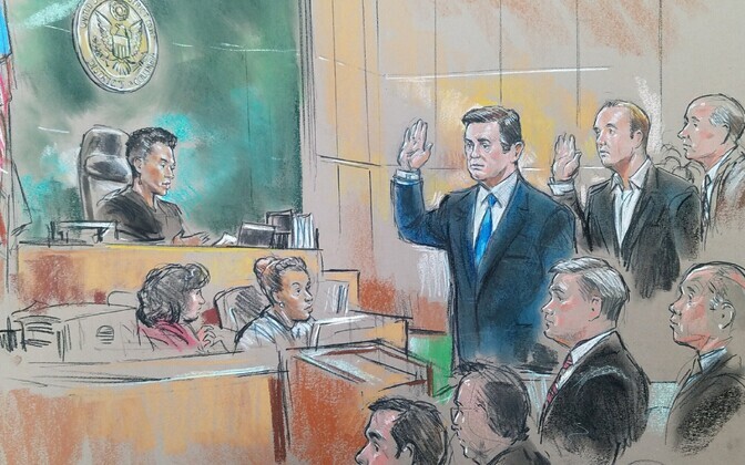 Kohtuillustraatori pilt Manaforti ja Gatesi istungist.