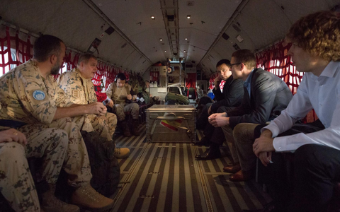 Gen. Riho Terras (second left) and Prime Minister Jüri Ratas (right, facing the camera) in Mali, October 2018.