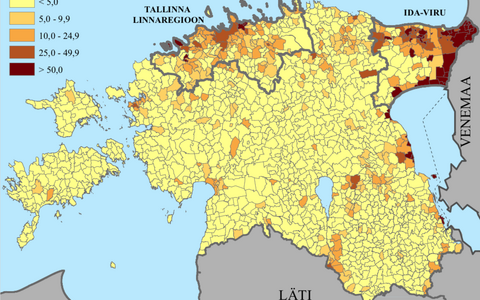Vene keelt kõnelevate elanike osakaal Eesti maa- ja linnapiirkondades.