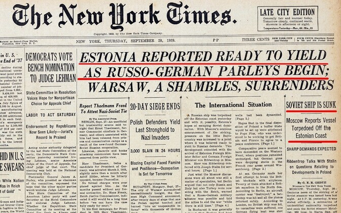 New York Times´i esiuudis 28. septembril 1939 tuli Eestist.