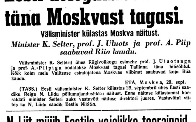 Ajalehe Uus Eesti teade Eesti delegatsiooni Moskvast koju jõudmise kohta.