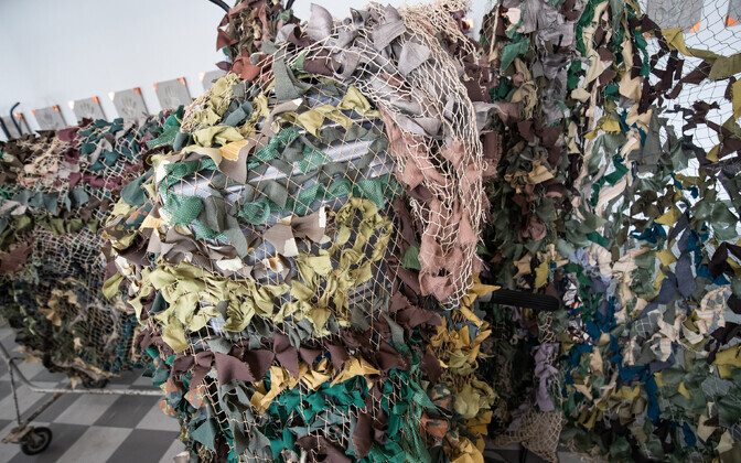 Volunteers making camo netting for Ukraine, at ERR's TV house.