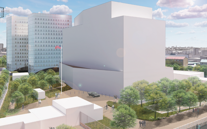 Перспективный вид посольства США. Это объем здания. За зданием видно здание Суперминистерства.