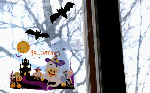 Halloween decorations in a window in rural Estonia. October 31, 2024.
