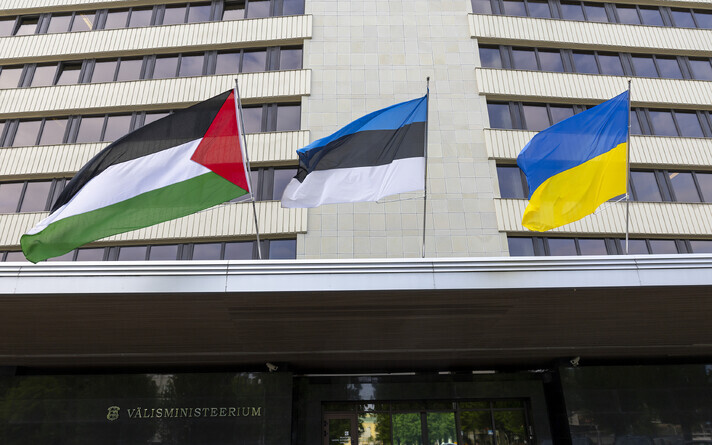 The Palestian, Estonian and Ukrainian flags flying at the Ministry of Foreign Affairs on June 10, 2025.